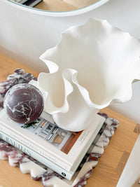 White Megan Decorative Vase 27cm with sculptural organic ceramic design on books and marble tray