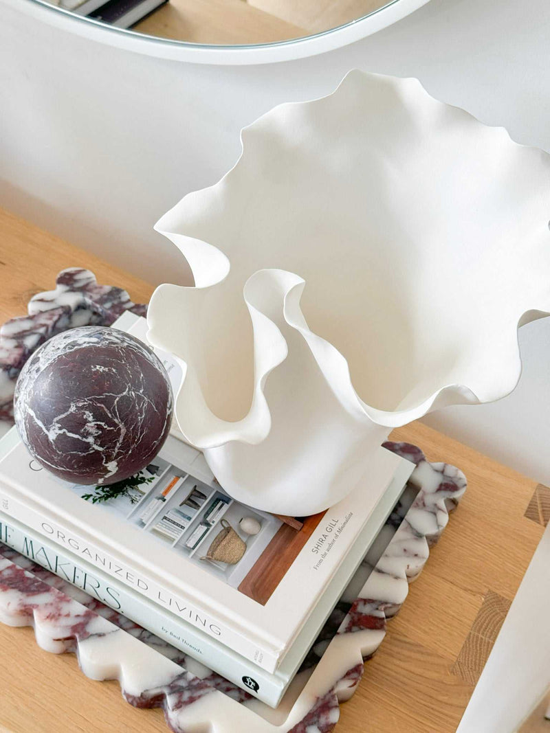 White Megan Decorative Vase 27cm with sculptural organic ceramic design on books and marble tray