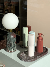 Tova Lamp Rosso Levanto with burgundy marble base and white opal glass shade
