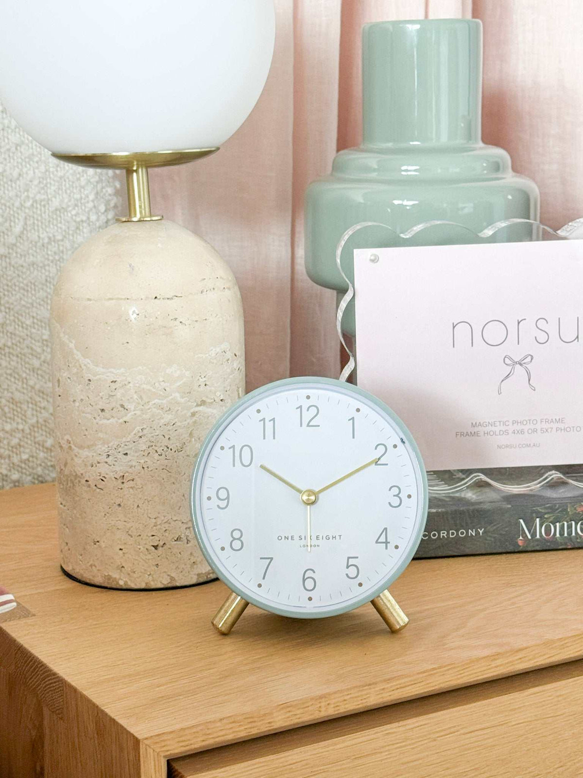 Maisie Silent Tick Alarm Clock green with gold accents vintage design silent ticking bedside clock