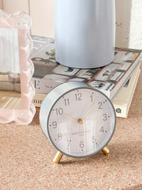 Maisie Silent Tick Alarm Clock in grey with gold accents, vintage design, and silent ticking.