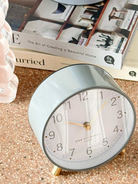 Maisie Silent Tick Alarm Clock in grey with gold accents and vintage design
