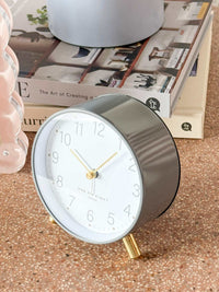 Maisie Silent Tick Alarm Clock in grey with gold accents and vintage design