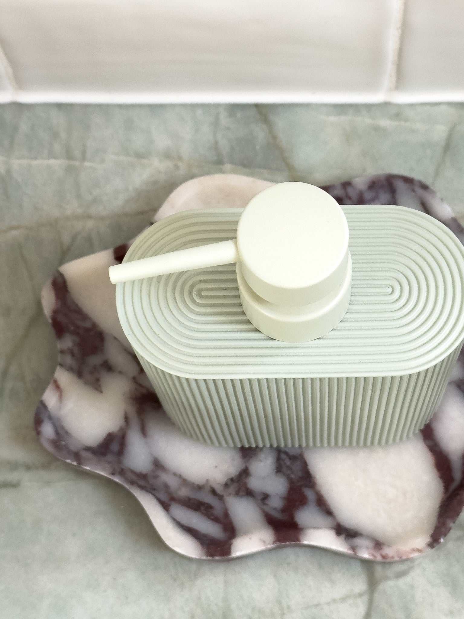 Seafoam Rosie Resin Dispenser with ridged grip, refillable and durable for kitchen or bathroom use