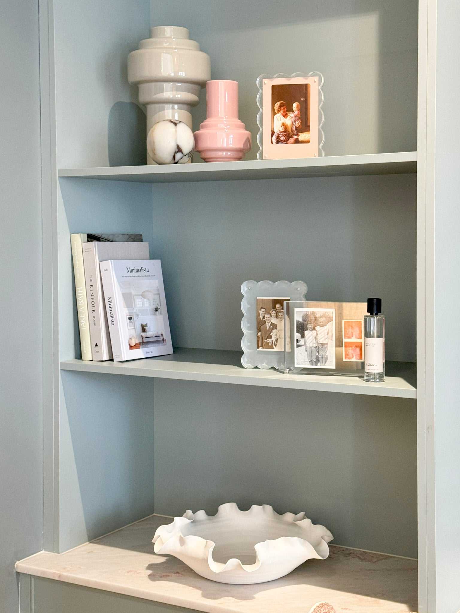 Nicole Decorative Bowl white ceramic with ruffled edges, 30cm diameter, styled on shelf