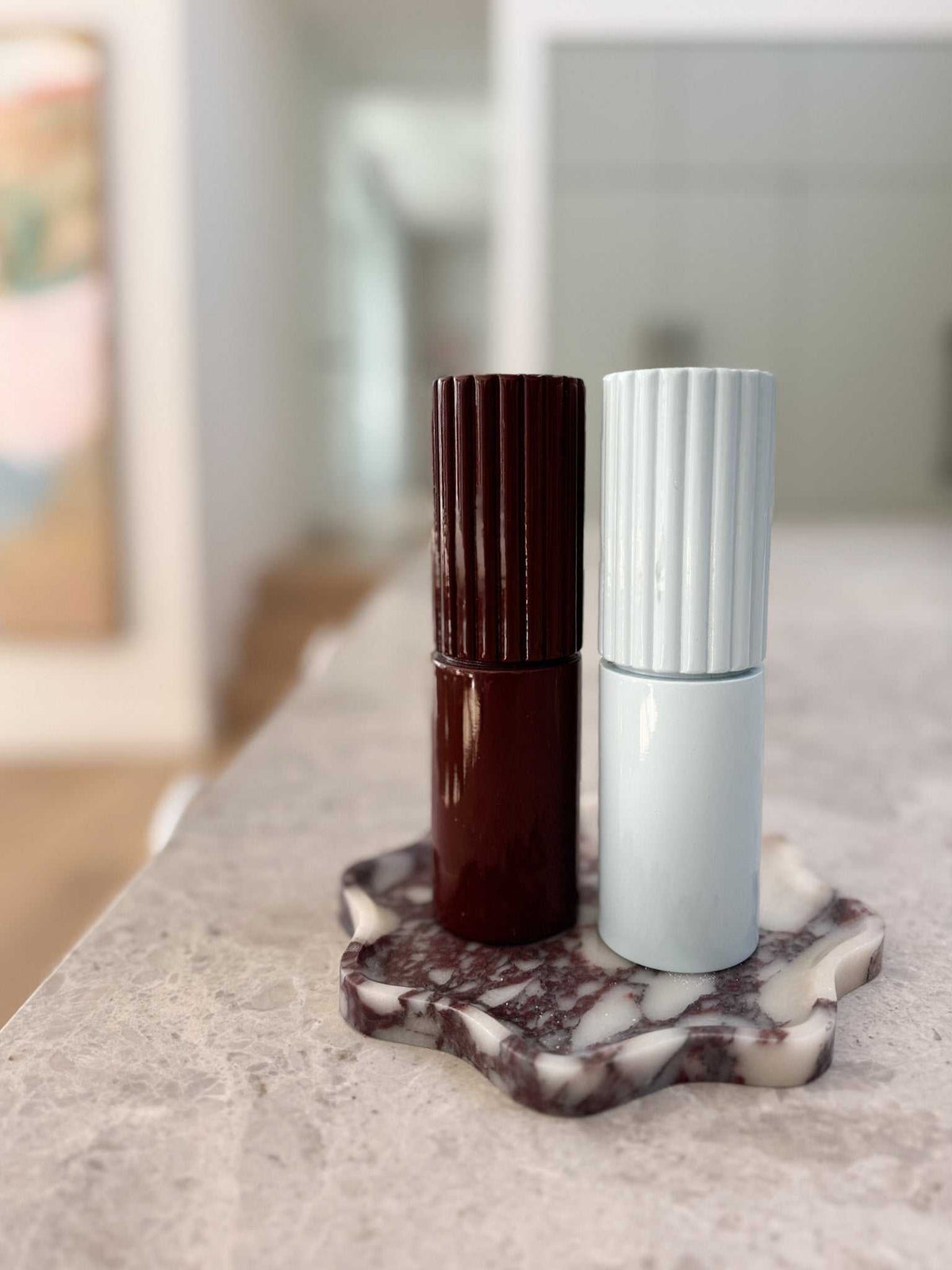 Blue norsu Studio Salt & Pepper Grinder with rubber wood body and gloss lacquer finish