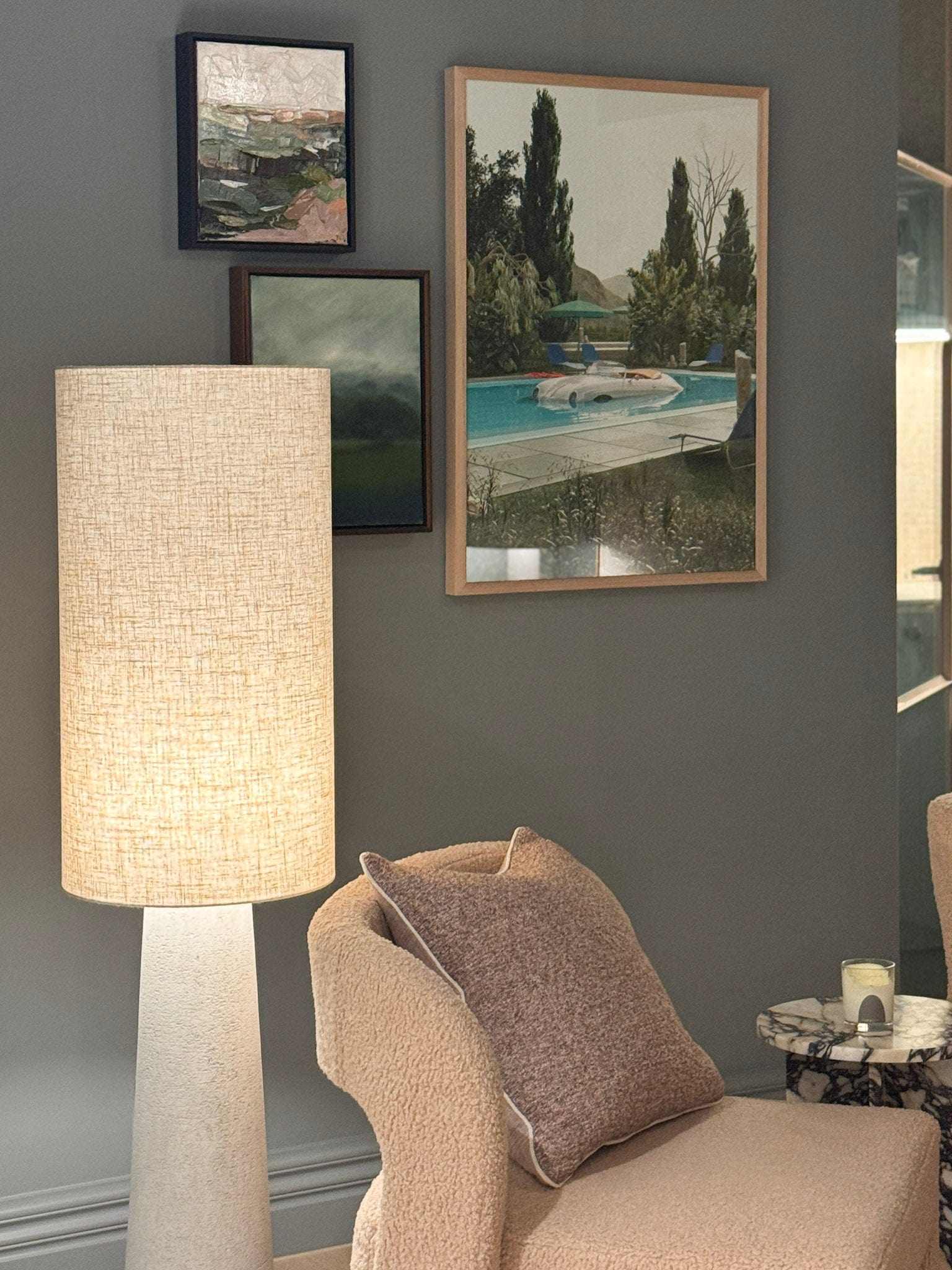Maggie Fibreglass Floor Lamp with natural linen shade in contemporary design for modern interiors