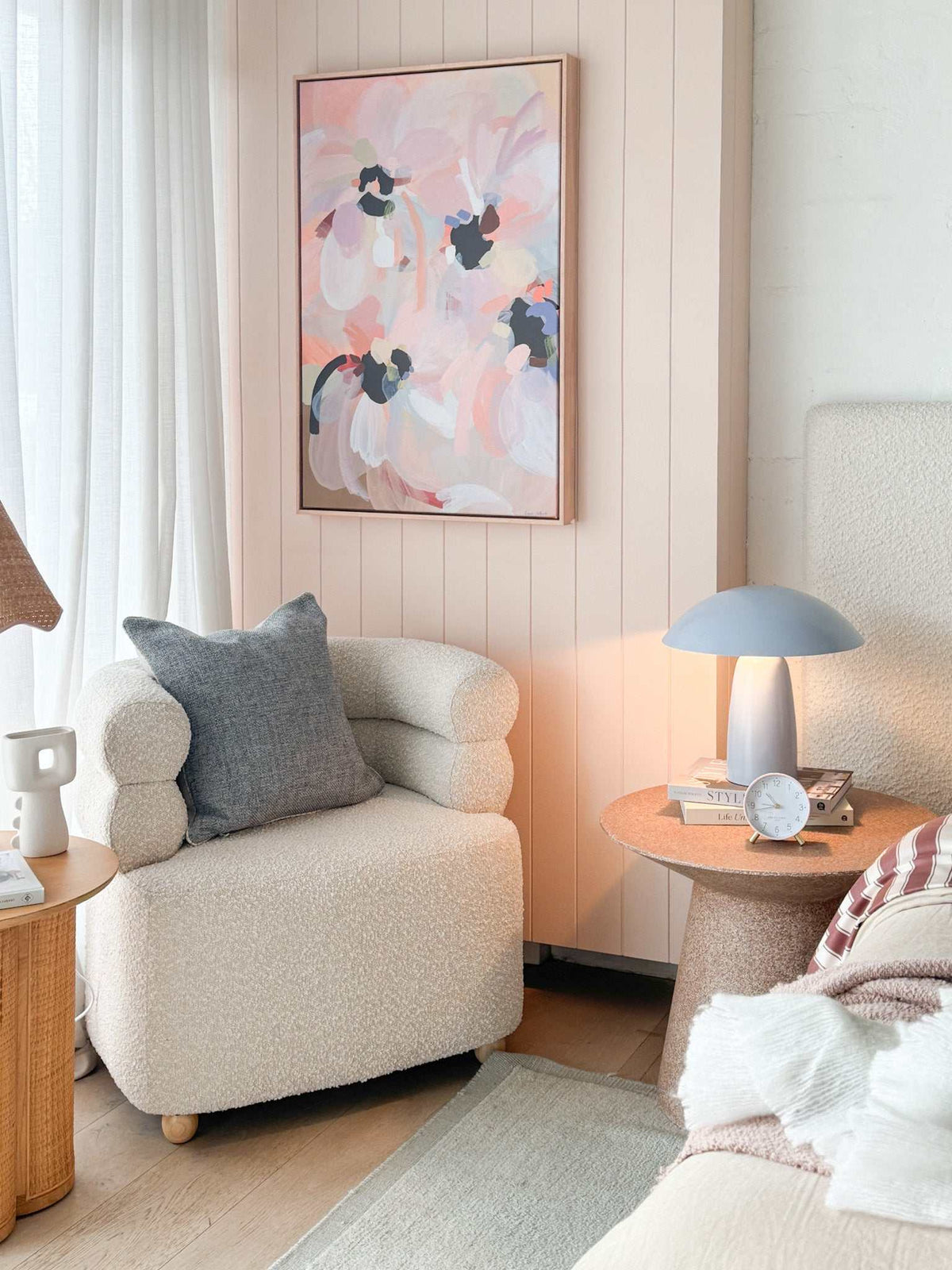 Oak framed Prudence Demarchi 'Day Dream' abstract canvas print 60x90cm in modern cozy living room