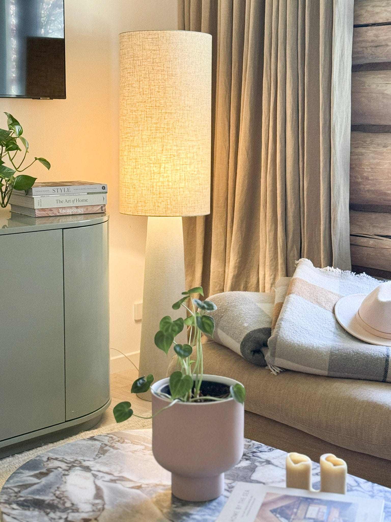 Maggie Fibreglass Floor Lamp with natural linen shade in contemporary design for modern interiors