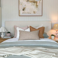 Ivory norsu Cabin Bedhead king size with textural fabric and self piped trim in a modern bedroom setting