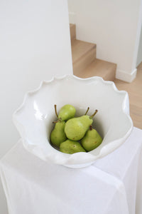 norsu Studio Flow white ceramic sculptural pedestal fruit bowl with ruffled edge