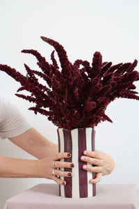 norsu Studio Flow handpainted ceramic vase with burgundy and soft blue stripe and scalloped petal rim