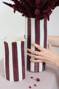 norsu Studio Flow large handpainted ceramic vase with scalloped petal rim and burgundy soft blue stripe design