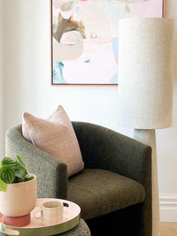 Maggie Fibreglass Floor Lamp with natural linen shade in contemporary design for modern interiors