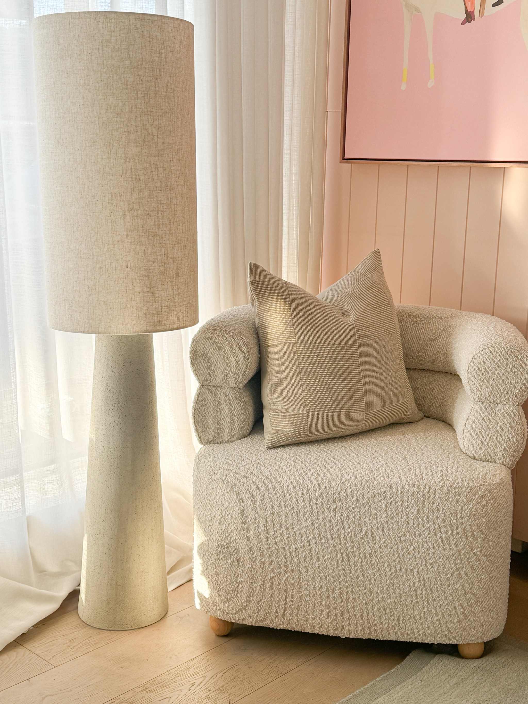 Maggie Fibreglass Floor Lamp with natural linen shade in contemporary design