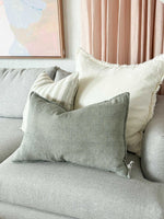 Eadie Lifestyle Luca Boho white linen cushion with hand-frayed edges on sofa in various sizes