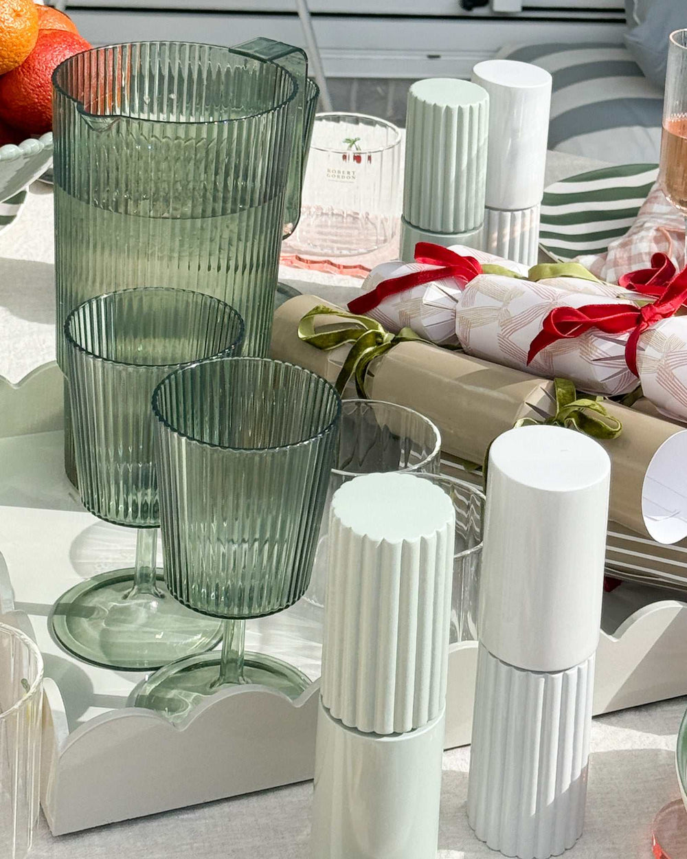 Green Saltara RPET jug 2.1L with ribbed texture, twist-top lid, and handle for eco-friendly outdoor serving