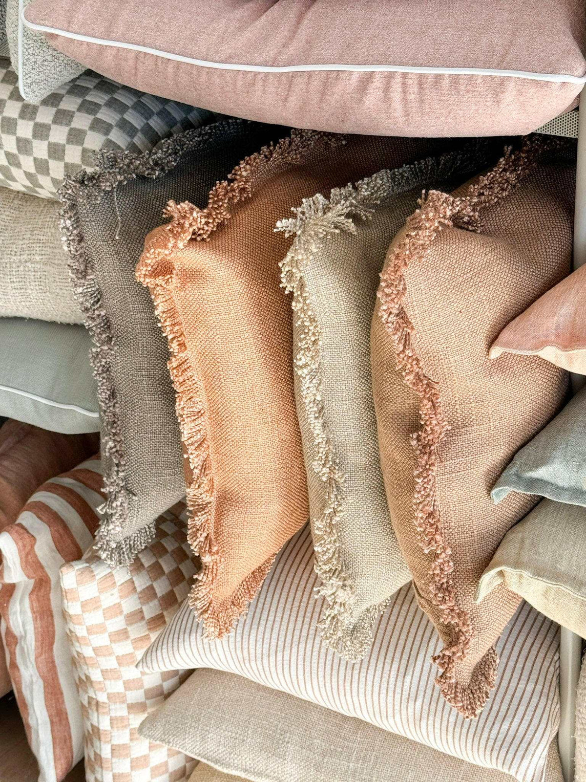 Baya Dover Cushion tan linen rayon blend with feather insert in 40x60cm size