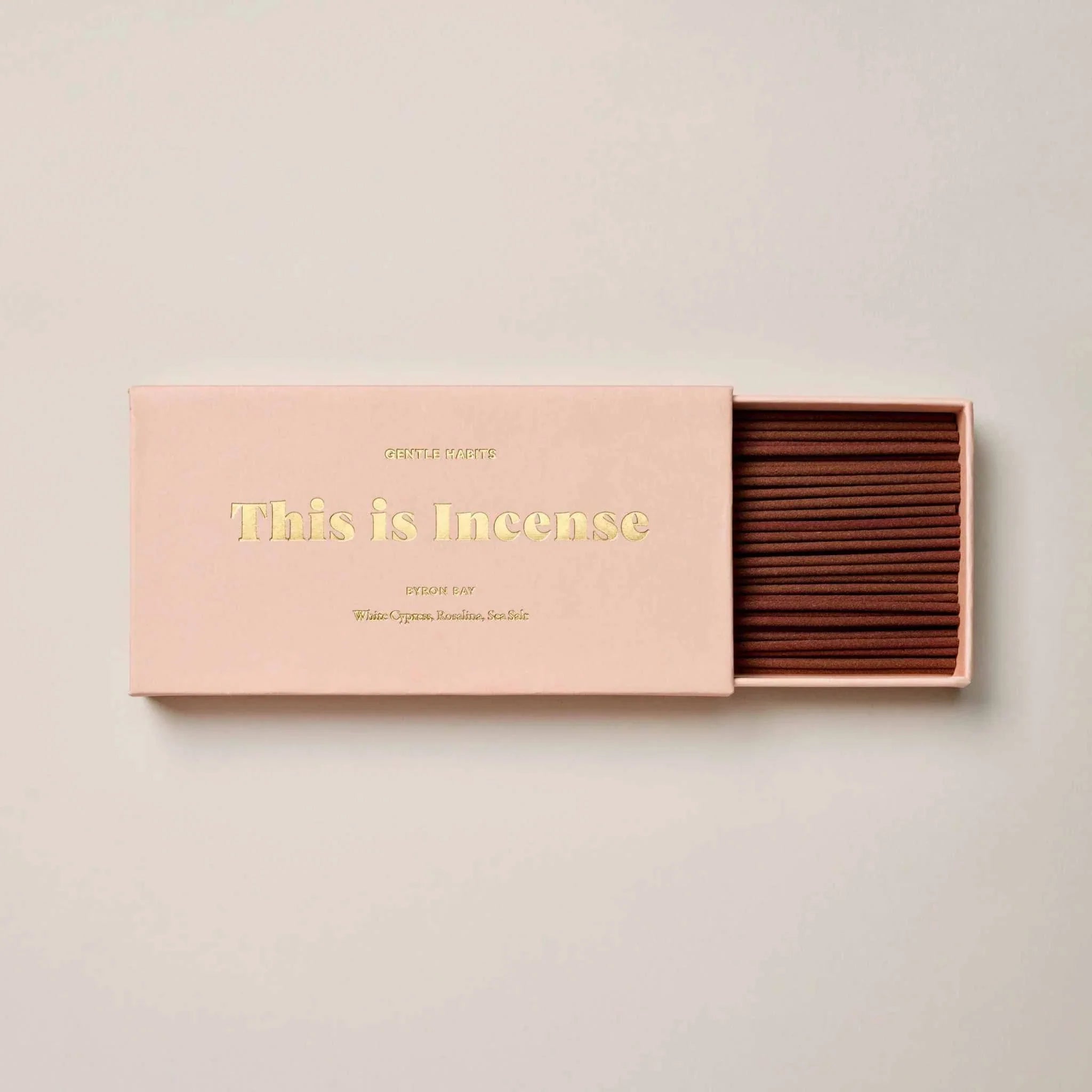Box of Gentle Habits Incense sticks with Byron Bay scent featuring cedarwood, patchouli, and white cypress fragrance notes.