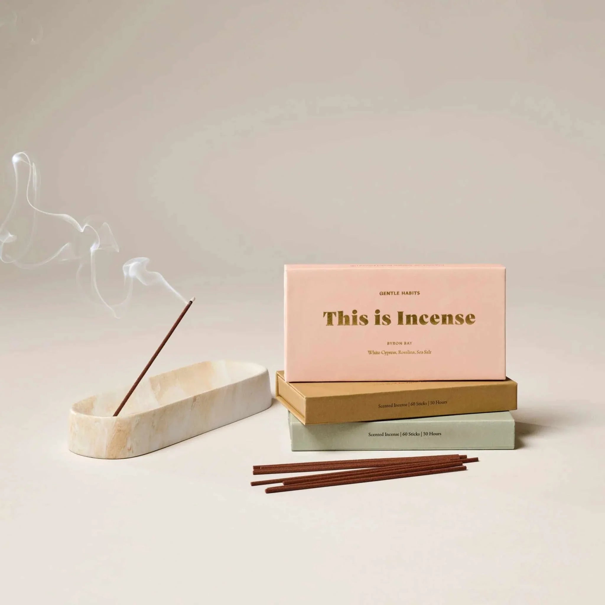 Gentle Habits Incense Byron Bay cedarwood and citrus scented sticks with holder and packaging