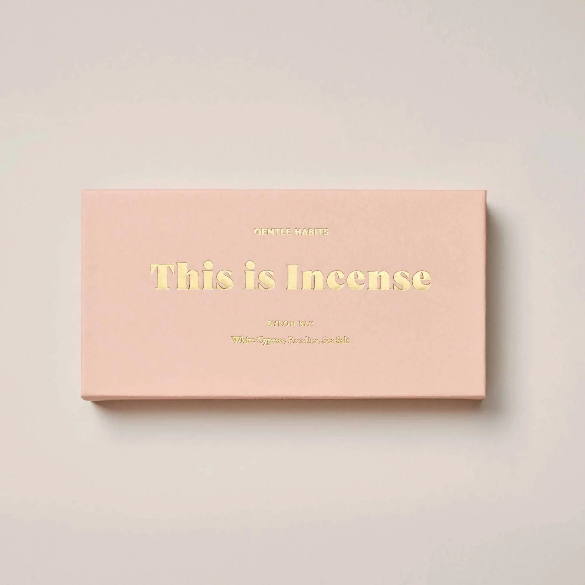 Gentle Habits Incense Byron Bay with cedarwood, patchouli, and white cypress in pastel pink packaging