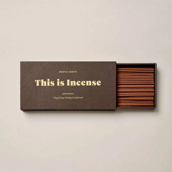 Gentle Habits Incense grounded blend with ylang ylang, nutmeg, and sandalwood in a brown box with 60 sticks.