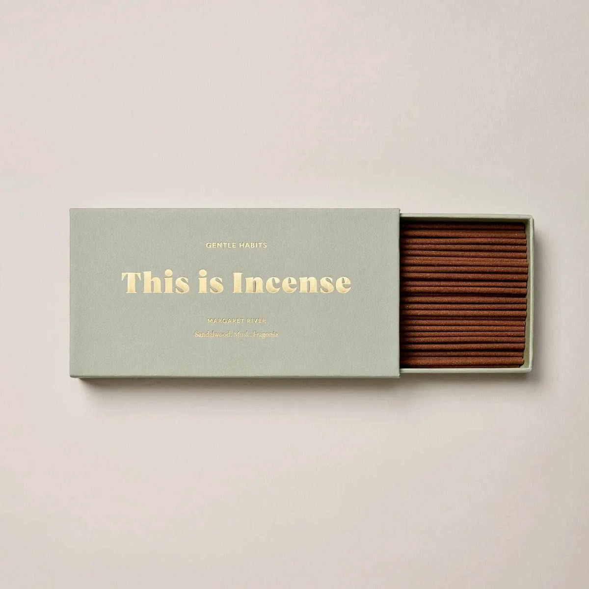 Gentle Habits Incense sticks in minimalist grey box with gold lettering, sandalwood and mandarin scent from Margaret River