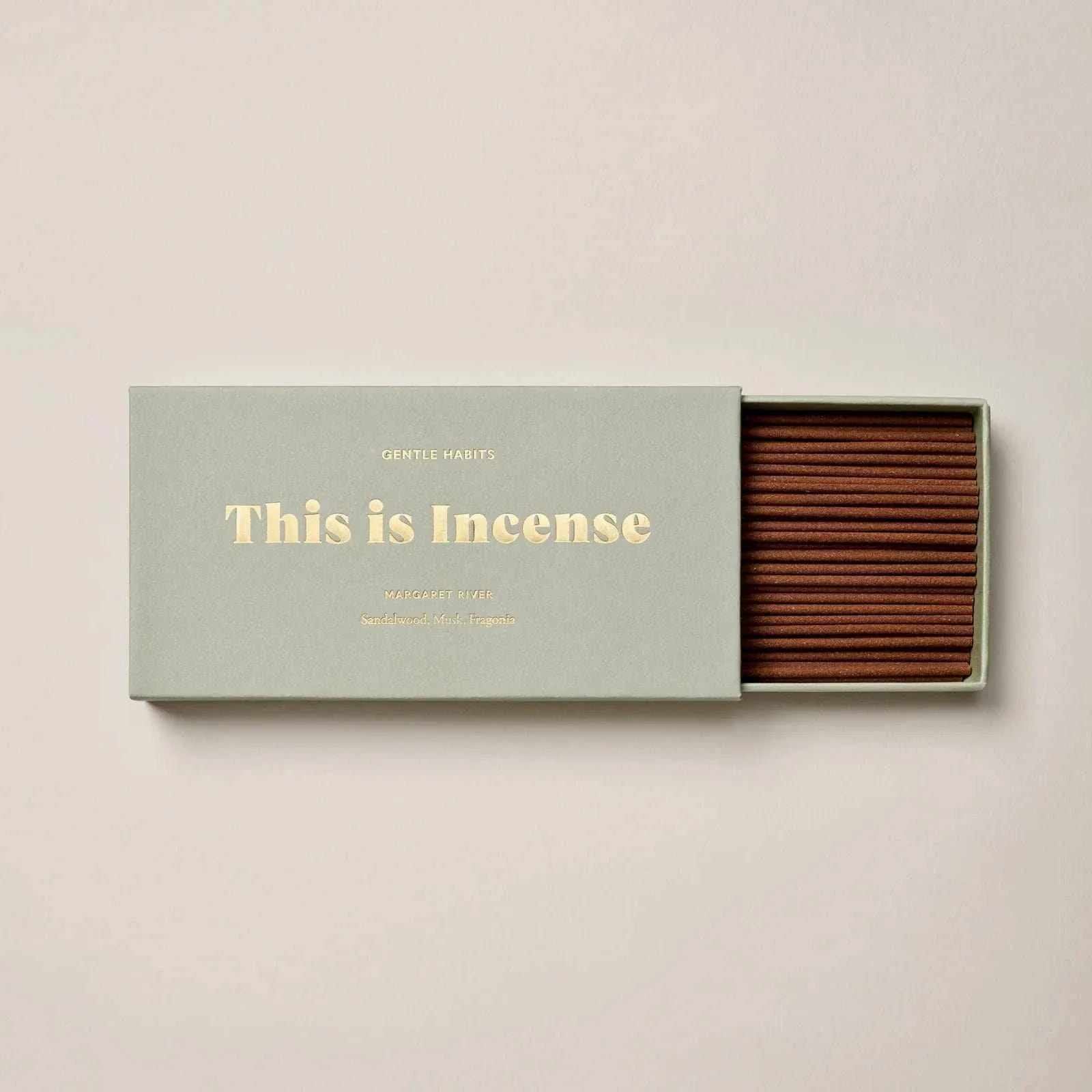 Gentle Habits Incense sticks in minimalist grey box with gold lettering, sandalwood and mandarin scent from Margaret River
