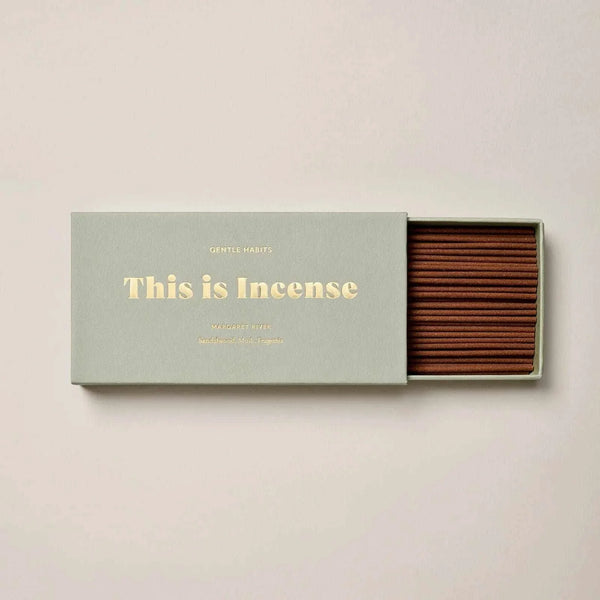 Gentle Habits Incense sticks in minimalist grey box with gold lettering, sandalwood and mandarin scent from Margaret River