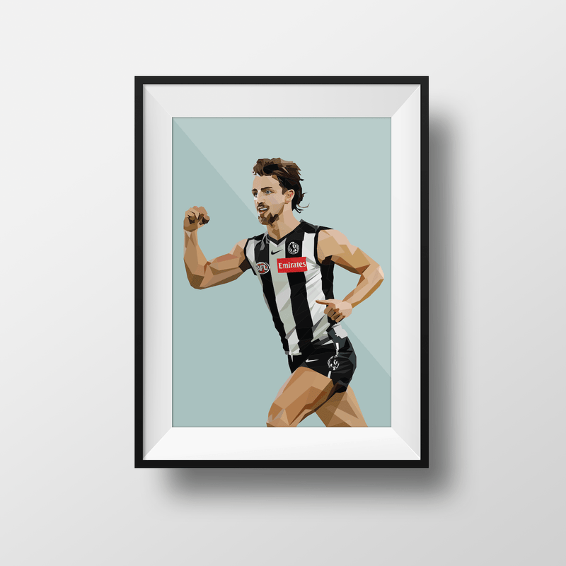Framed Dom Gauci Kids Art Print of Josh Daicos in Collingwood AFL football uniform on sage background