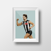 Dom Gauci Kids Art Print of Josh Daicos AFL football player in black and white Collingwood FC uniform framed in white
