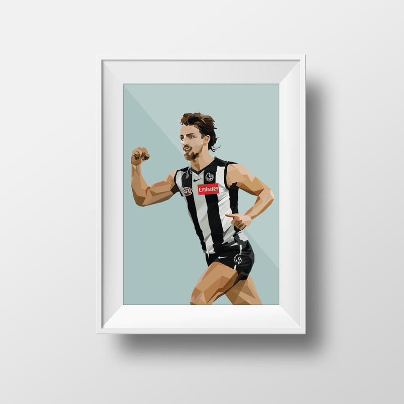 Dom Gauci Kids Art Print of Josh Daicos AFL football player in black and white Collingwood FC uniform framed in white