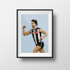 DG Designs Dom Gauci Kids Art Print featuring Josh Daicos of Collingwood FC in AFL football uniform with black frame