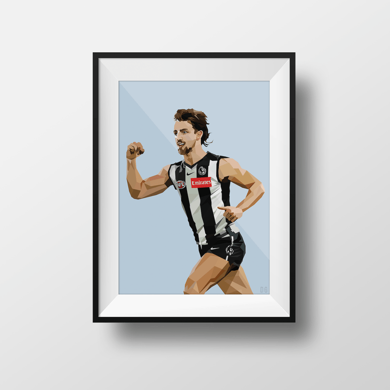DG Designs Dom Gauci Kids Art Print featuring Josh Daicos of Collingwood FC in AFL football uniform with black frame