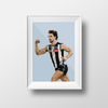 Framed DG Designs Dom Gauci kids art print of Josh Daicos wearing Collingwood FC AFL football uniform in blue background