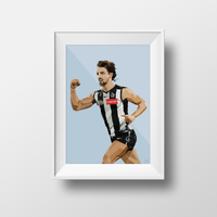 Framed DG Designs Dom Gauci kids art print of Josh Daicos wearing Collingwood FC AFL football uniform in blue background