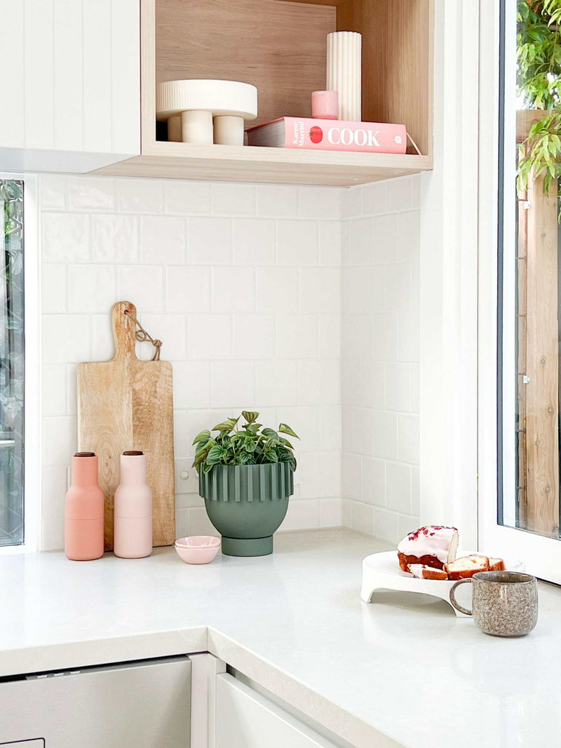 Modern styled kitchen bench vignette with decorative items like plant, cutting boards, and ceramics
