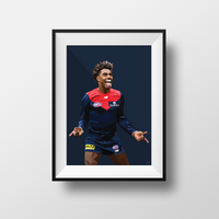 Framed Dom Gauci kids art print of Kysaiah Kozzy Pickett in Melbourne Demons AFL uniform, original colourway, black frame