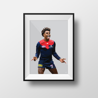 Framed Dom Gauci kids art print of Kysaiah Kozzy Pickett in Melbourne Demons AFL uniform on grey background, black frame