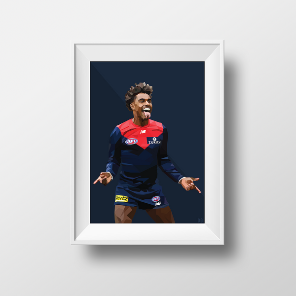 Framed Dom Gauci kids art print of Kysaiah Kozzy Pickett in Melbourne Demons AFL uniform, original colourway, white frame