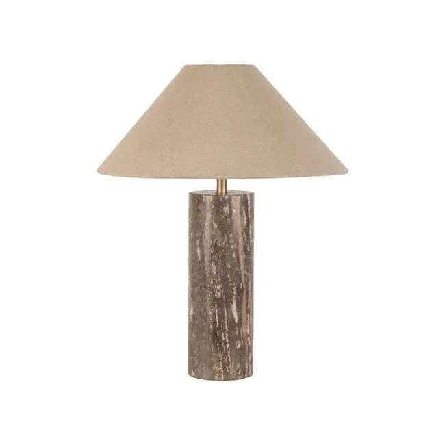 Easton Aurora Table Lamp with mocha travertine cylindrical base and natural latte linen shade.