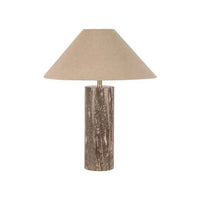 Easton Aurora Table Lamp with mocha travertine cylindrical base and natural latte linen shade.