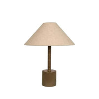 Easton Collins Table Lamp with olive green base and ecru natural linen shade, featuring metal and handcrafted rope details for elegant modern lighting.