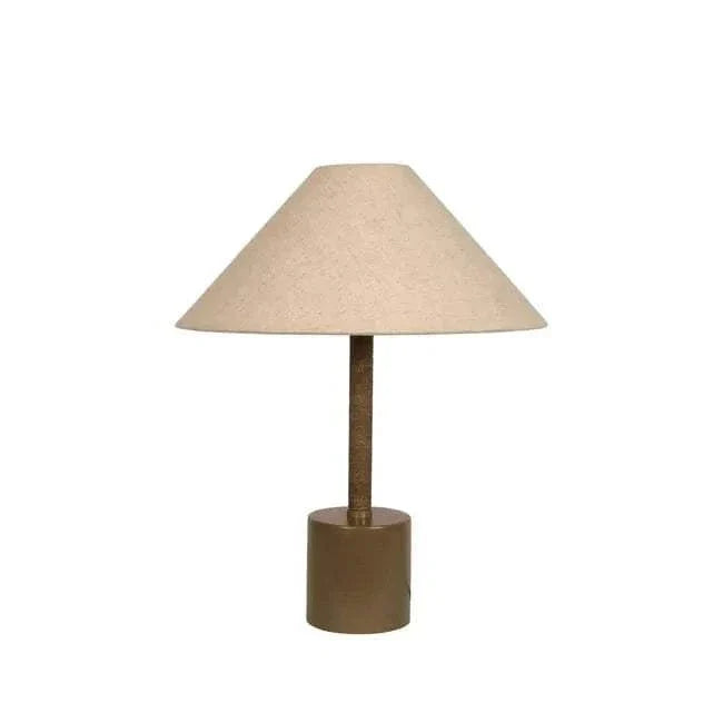 Easton Collins Table Lamp with olive green base and ecru natural linen shade, featuring metal and handcrafted rope details for elegant modern lighting.