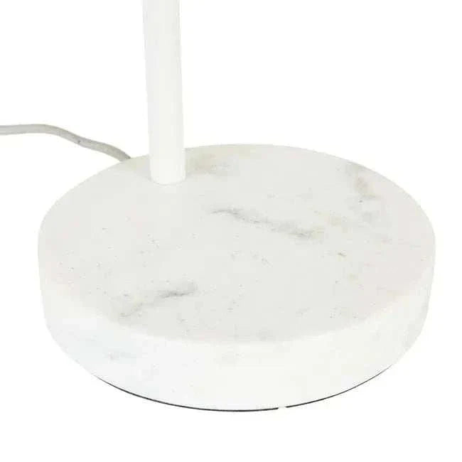 White marble base of GlobeWest Easton Horizon Desk Lamp with grey fabric cord and white metal stem.