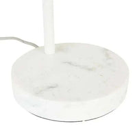White marble base of GlobeWest Easton Horizon Desk Lamp with grey fabric cord and white metal stem.