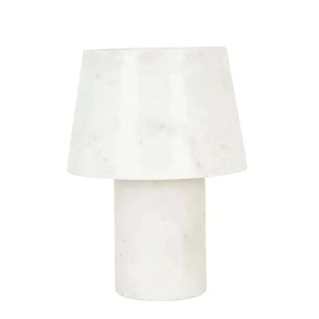 GlobeWest Easton Osha Table Lamp in white marble with cylindrical base and tapered shade, modern elegant design