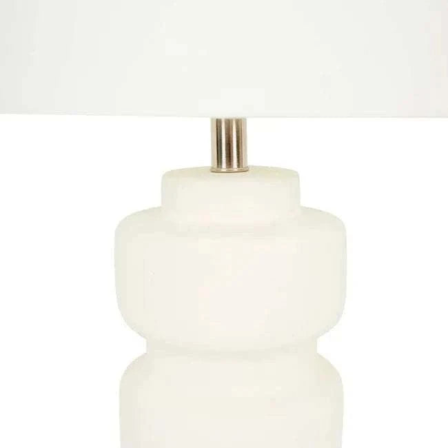 GlobeWest Emery Bodhi table lamp with dune sand ceramic base and linen sand shade, modern geometric design