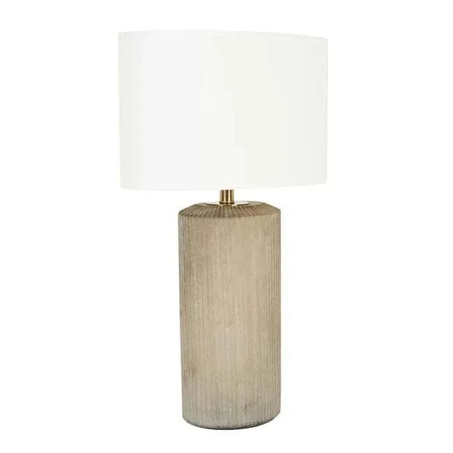 GlobeWest Emery Ridge Table Lamp with mist hand-etched glass base and sand linen shade