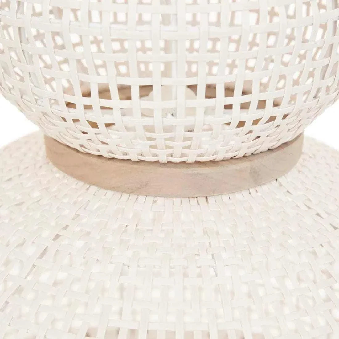 Close-up of GlobeWest Granada Dome Pendant in chalk color with aged teak accent and woven synthetic wicker design